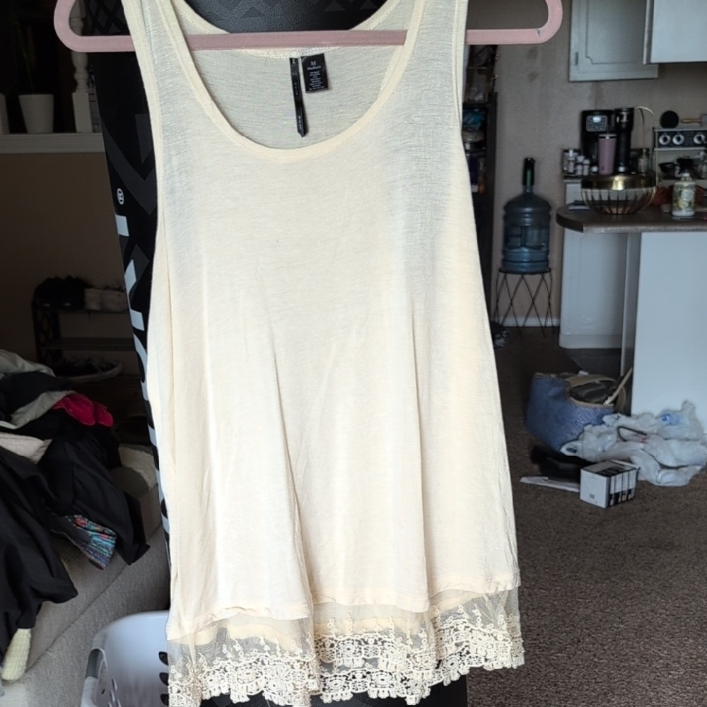 Embellished Cream Sleeveless Tank Top
